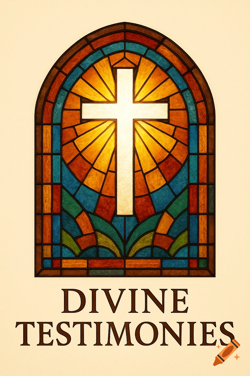 A vibrant arched stained glass window with a white cross at its center, surrounded by warm-toned panels. Below, "DIVINE TESTIMONIES" is written in elegant brown serif text.