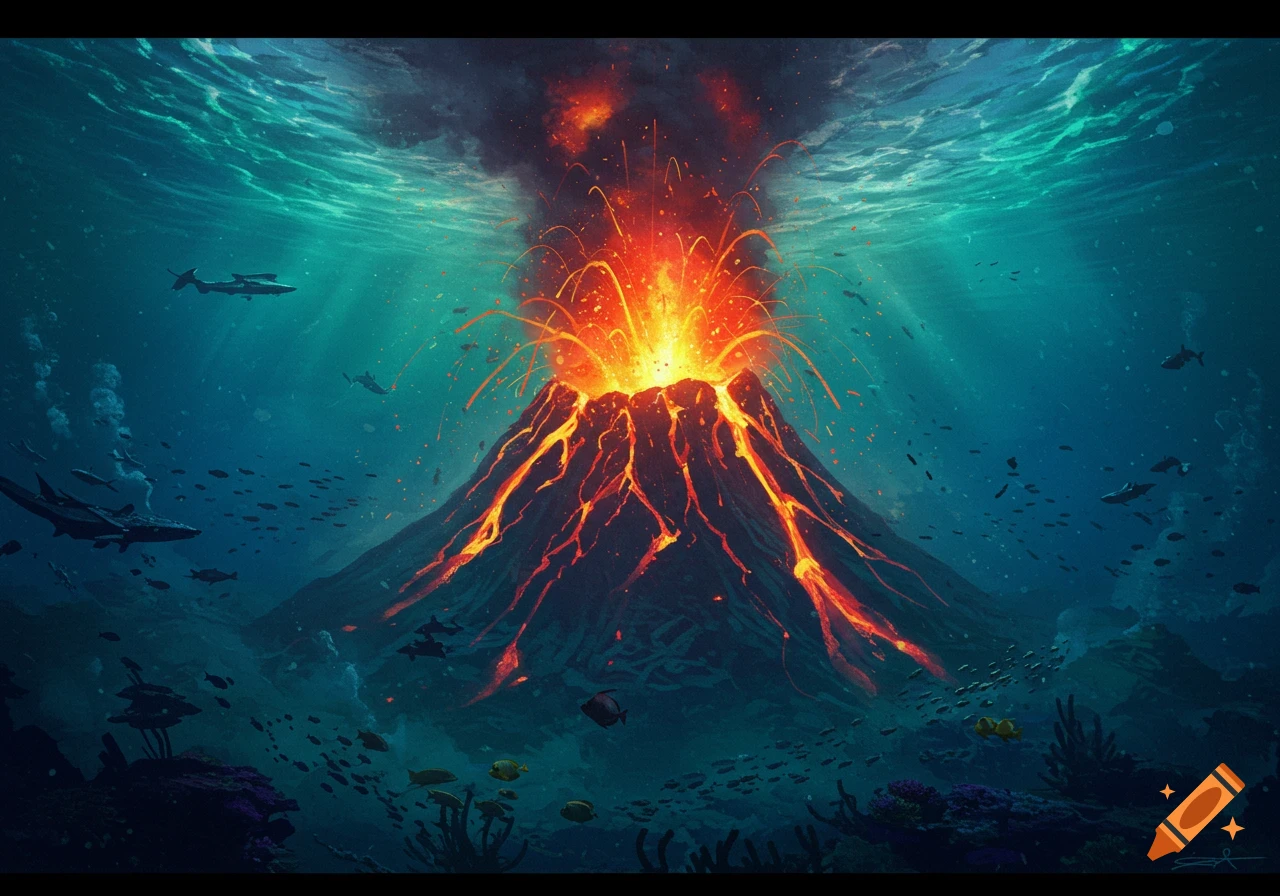 An underwater volcano erupts, spewing bright orange lava and smoke into the deep blue ocean, surrounded by schools of fish.