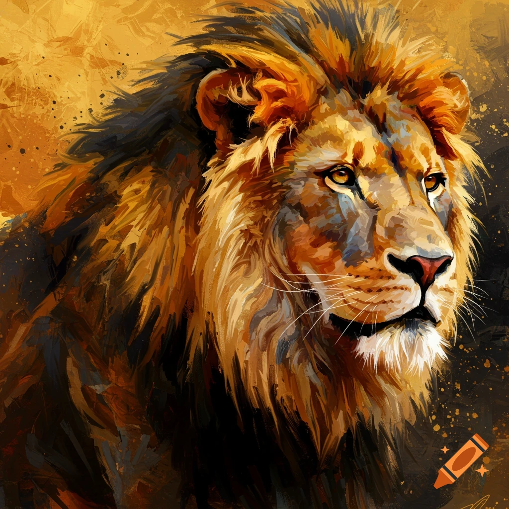 Stylized, close-up painting of a lion's head and mane with expressive brushstrokes in gold, orange, and brown.