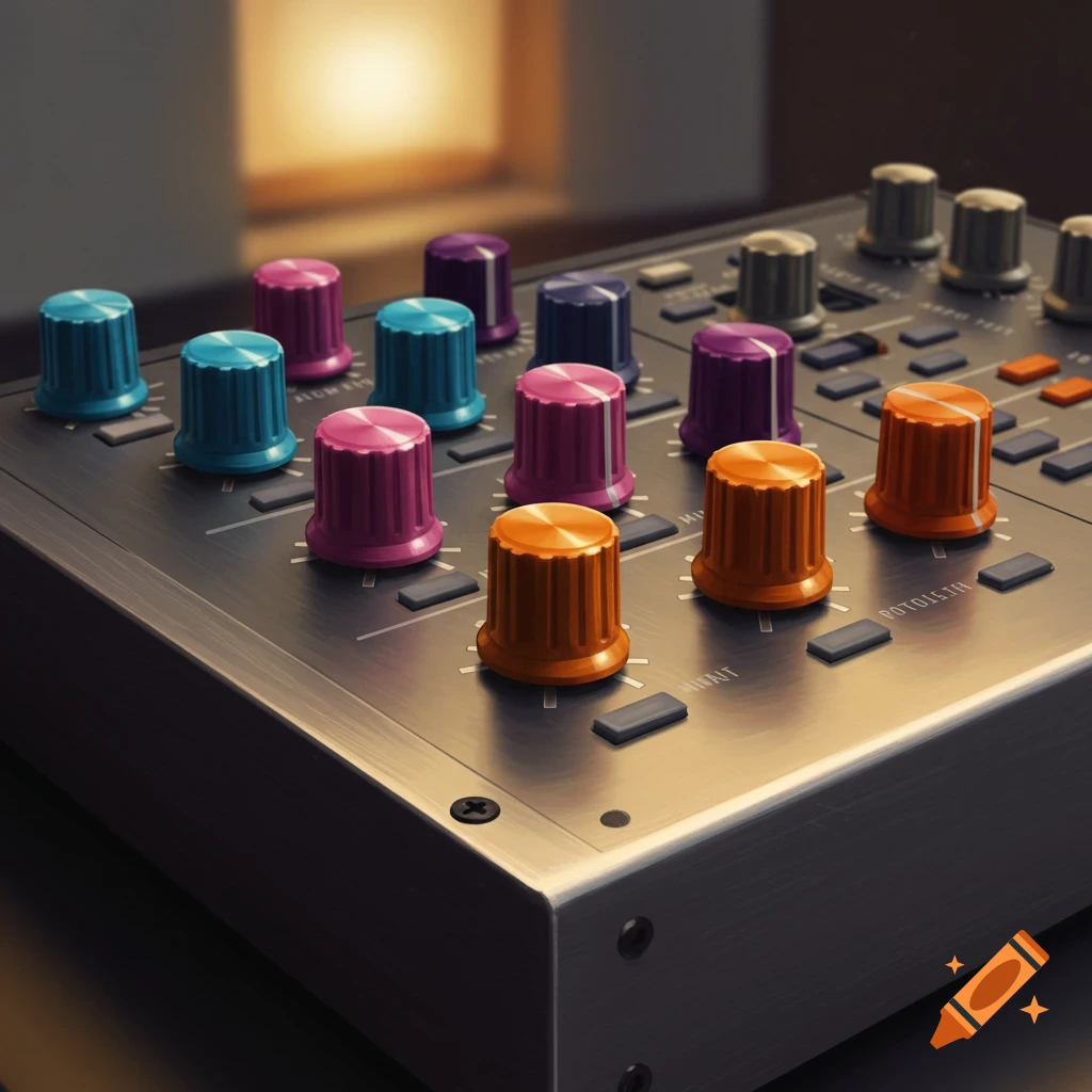 A close-up shot of a music mixing console with colorful teal, pink, orange, and purple knobs.