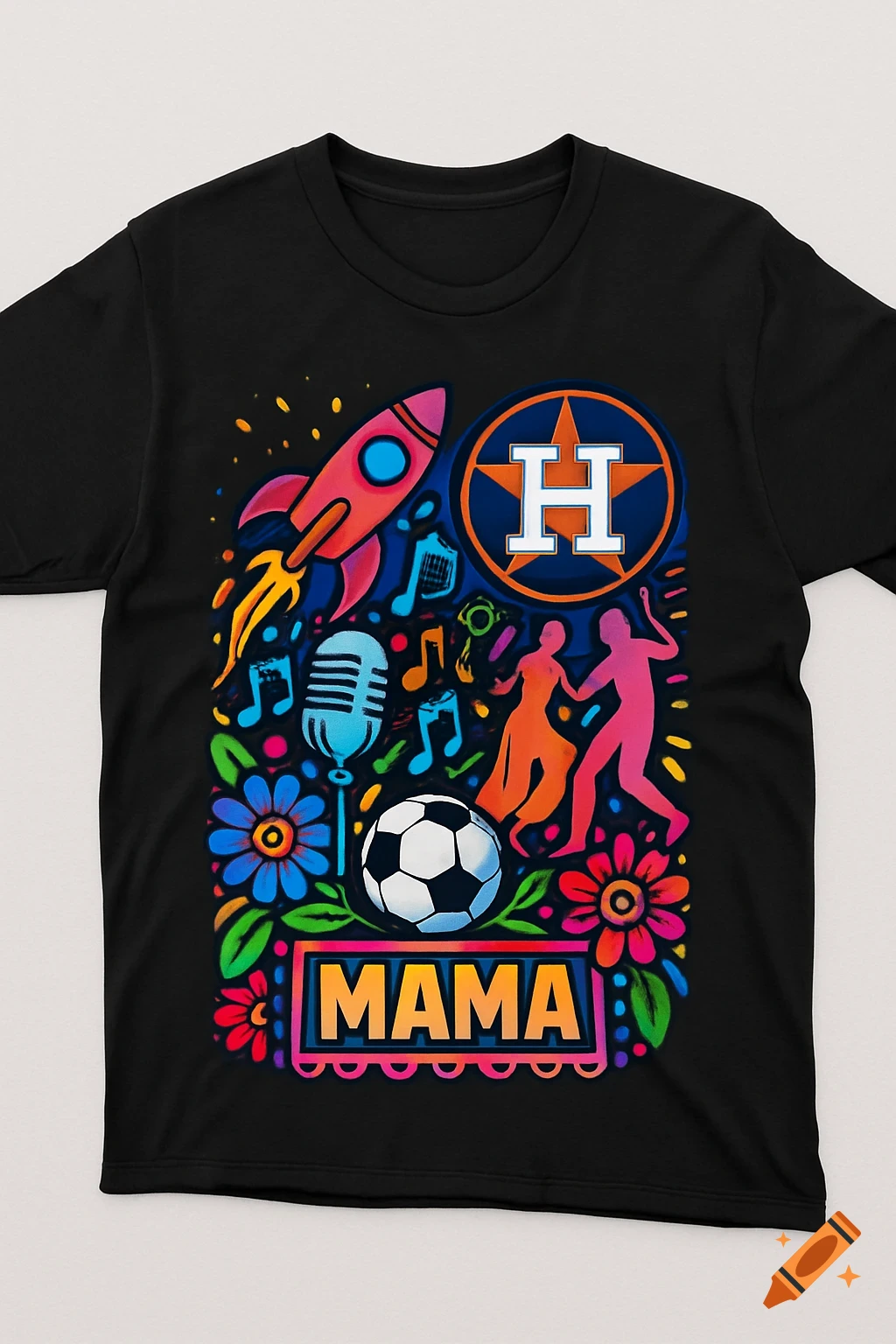 A black t-shirt with a vibrant pop art design featuring a rocket, Houston Astros logo, musical notes, a microphone, two dancing figures, a soccer ball, colorful flowers, and the word "MAMA" in block letters.