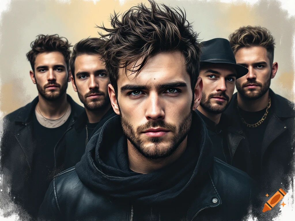 A group of five men with dark hair and beards, wearing dark clothing, staring forward. The man in the foreground is in sharp focus.