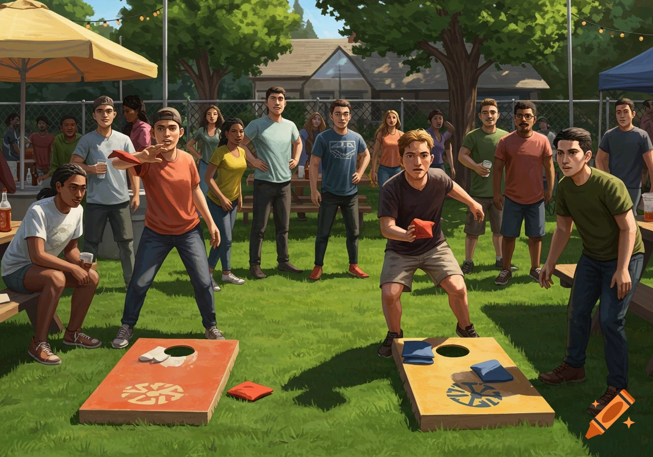 People play cornhole in a sunny backyard gathering, with trees and a house in the background.