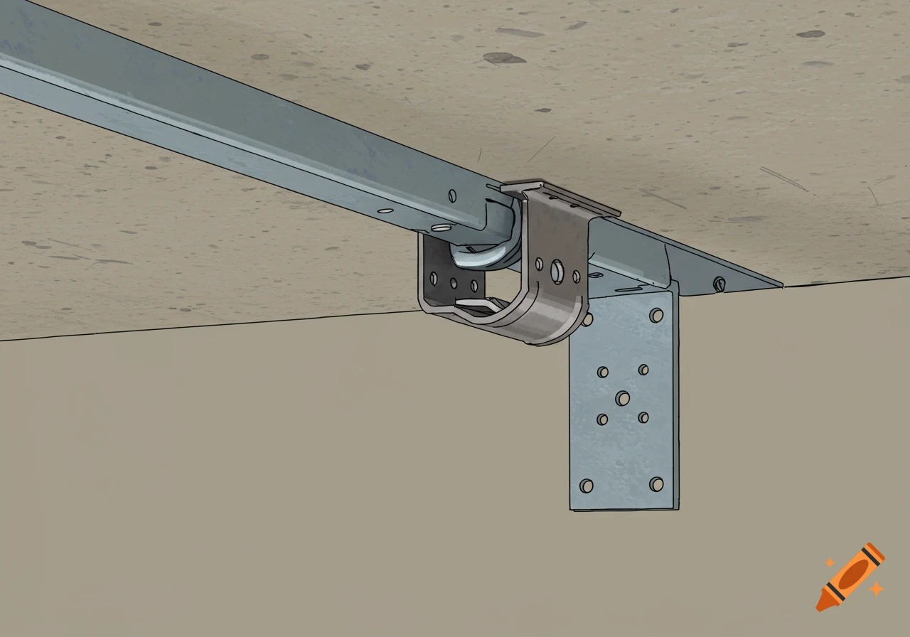 An illustration of a metal snap collar connected to an L-angle bracket, fixed to a textured ceiling slab.