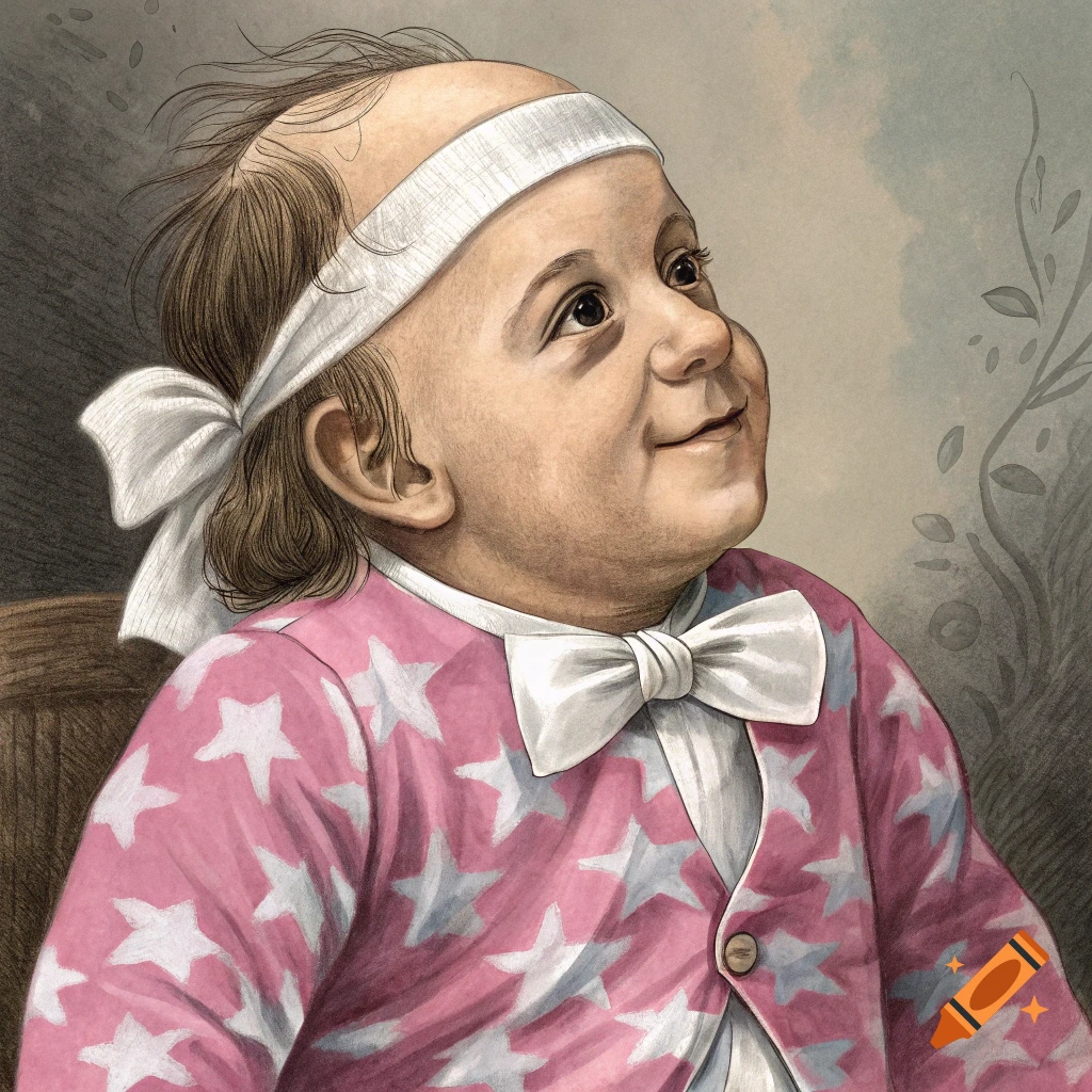 A humorous, historical-style illustration of a balding baby with a white headband and bow tie, in a pink star-patterned outfit, looking up with a smile.