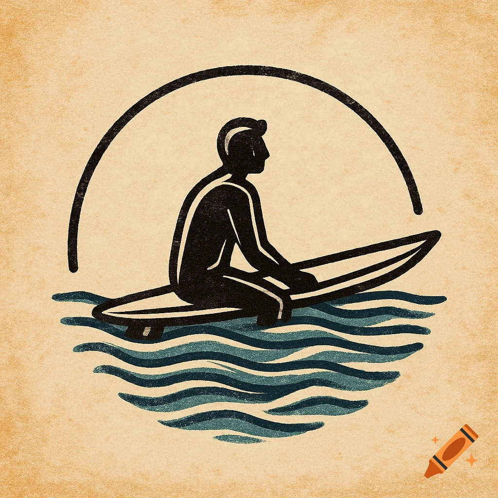 A black silhouette logo of a surfer sitting on a board in blue waves under a black arch on a textured beige background.