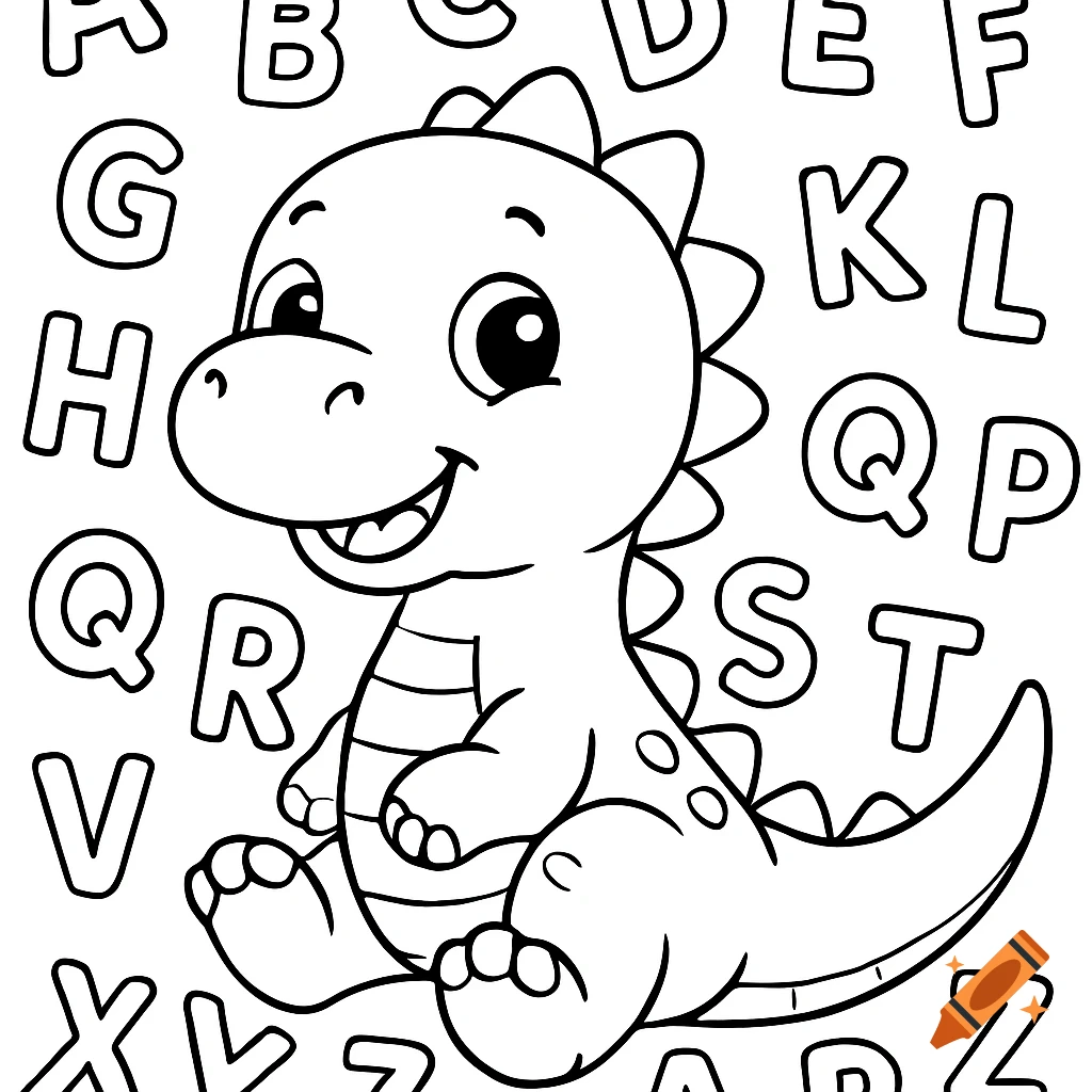 Black and white outline drawing of a happy cartoon dinosaur surrounded by scattered uppercase alphabet letters, suitable for a kids' coloring book.