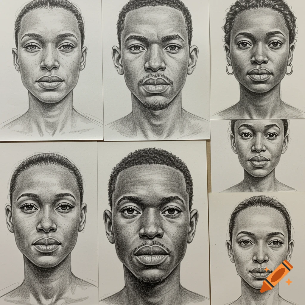 Six realistic black and white pencil drawings of diverse male and female faces on separate sheets of paper.