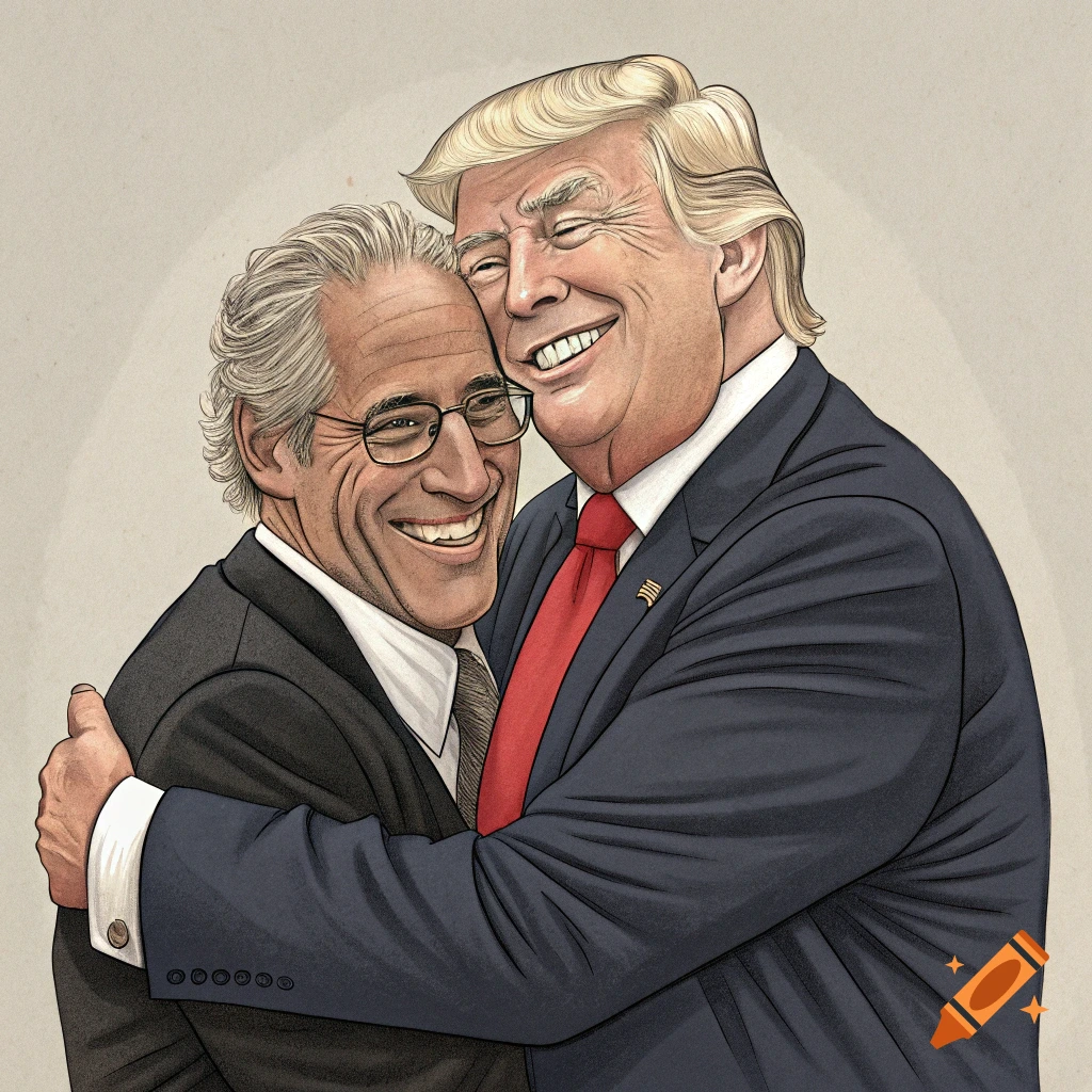 Cartoon of Jeffrey Epstein and Donald Trump embracing and smiling warmly.