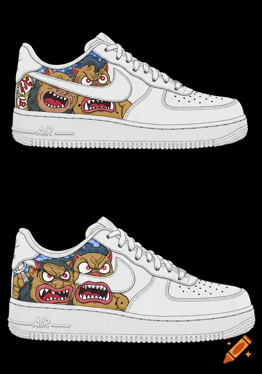 Two white Nike Air Force 1 shoes with custom hand-painted designs of snarling, cartoonish monsters with sharp teeth and big eyes.