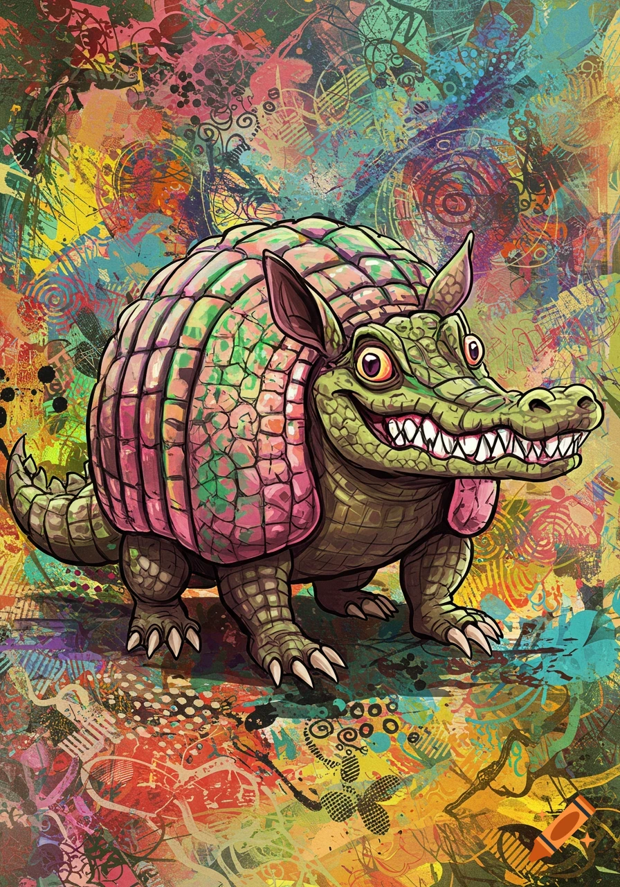 A vibrant, cartoonish armadillo with a crocodile head and teeth, sticking its tongue out, set against a colorful, abstract background.