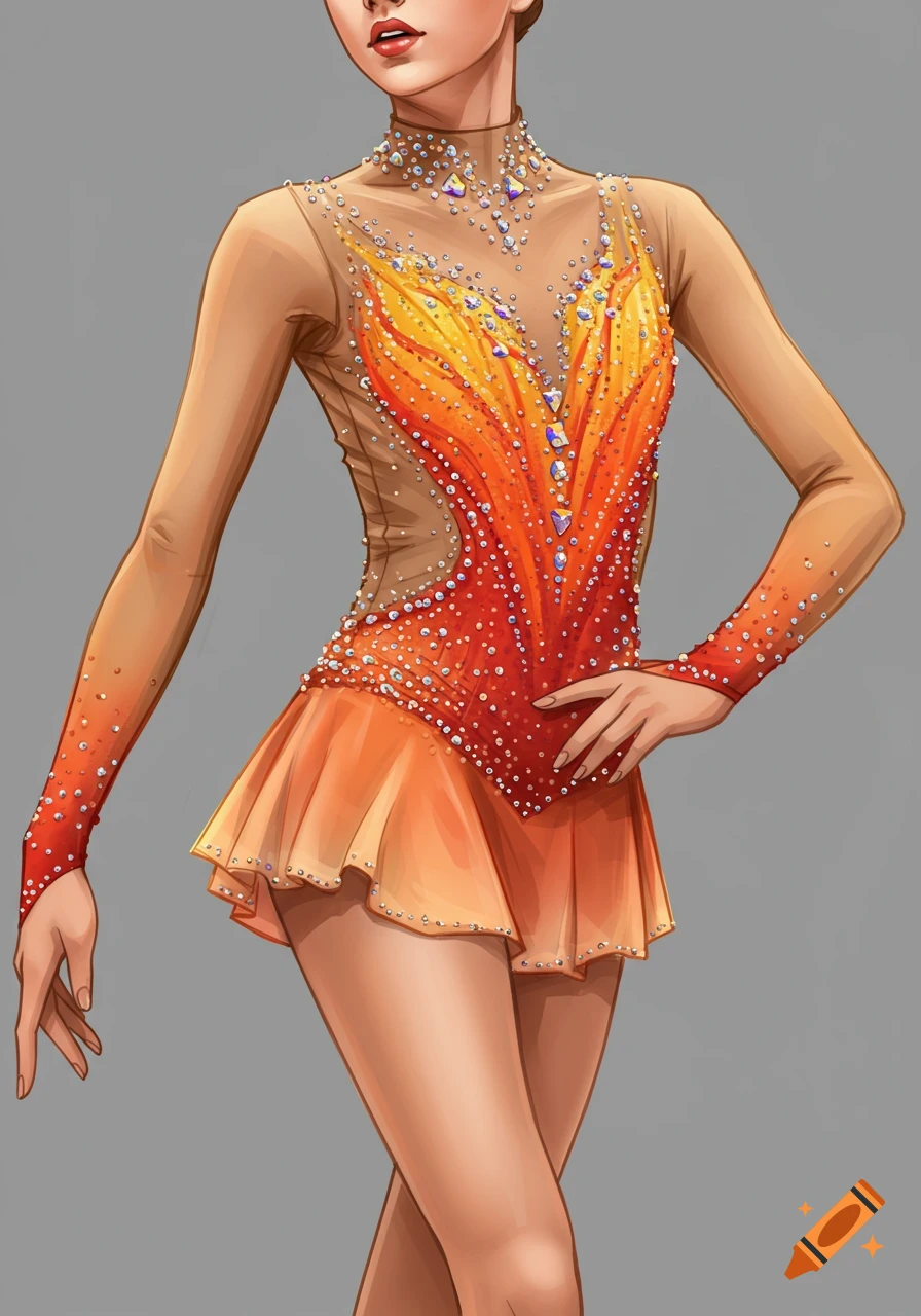 Illustration of a female figure skater wearing a shimmering orange and yellow ombre outfit with rhinestones, long sleeves, and a short skirt.