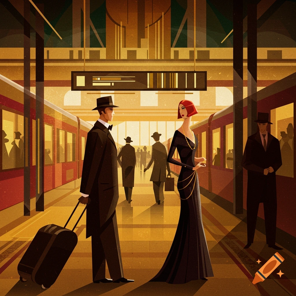 An abstract Art Deco illustration of a man with a suitcase and a woman at a train station platform.