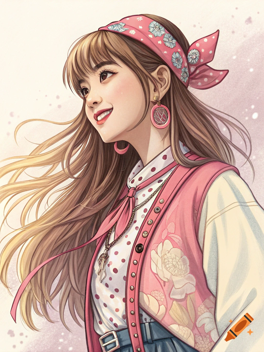 A vibrant, stylized portrait of a smiling girl with long brown hair, wearing a pink bandana, polka dot shirt, and pink vest.