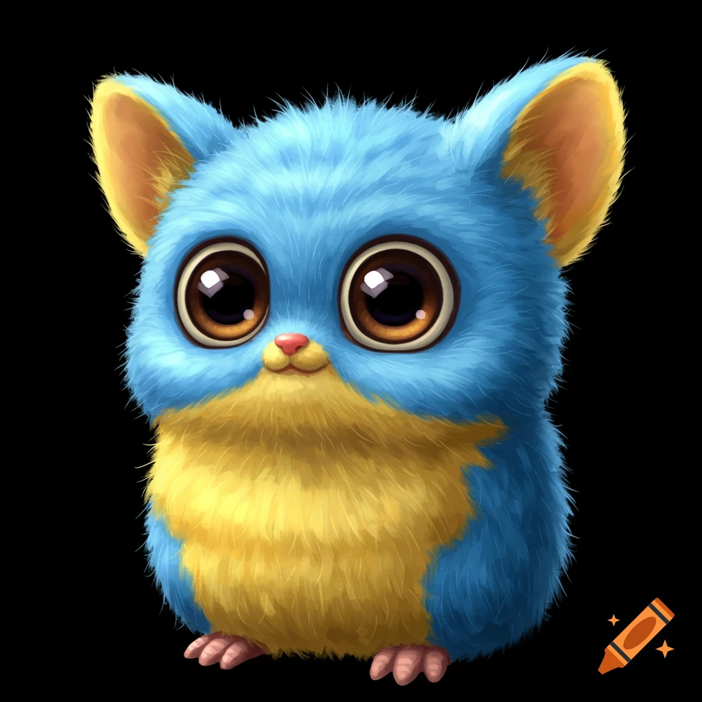 A fluffy blue and yellow pygmy puff with big eyes on a black background.