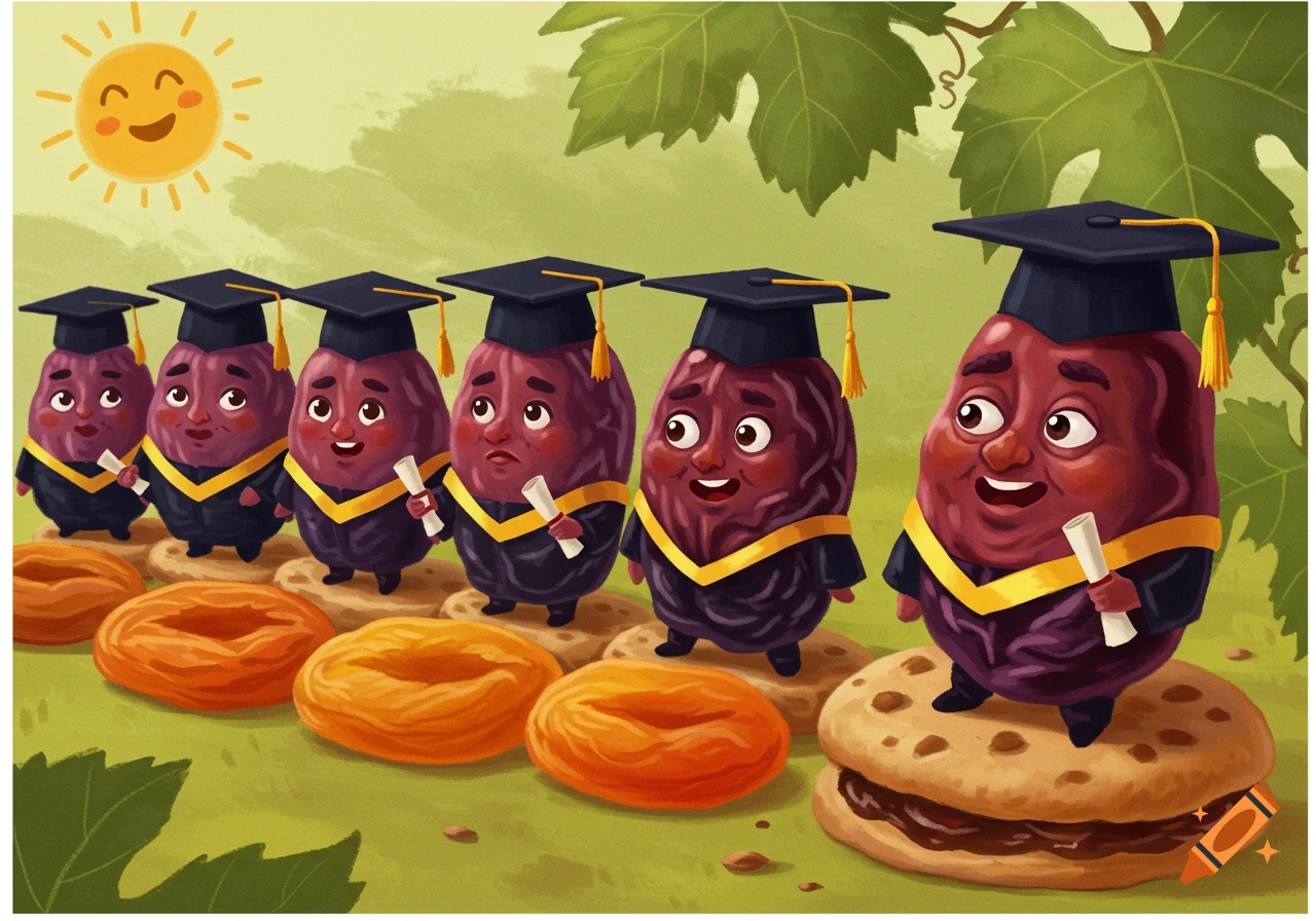 Cartoon prunes in graduation caps and gowns holding diplomas, standing on cookies under a smiling sun.