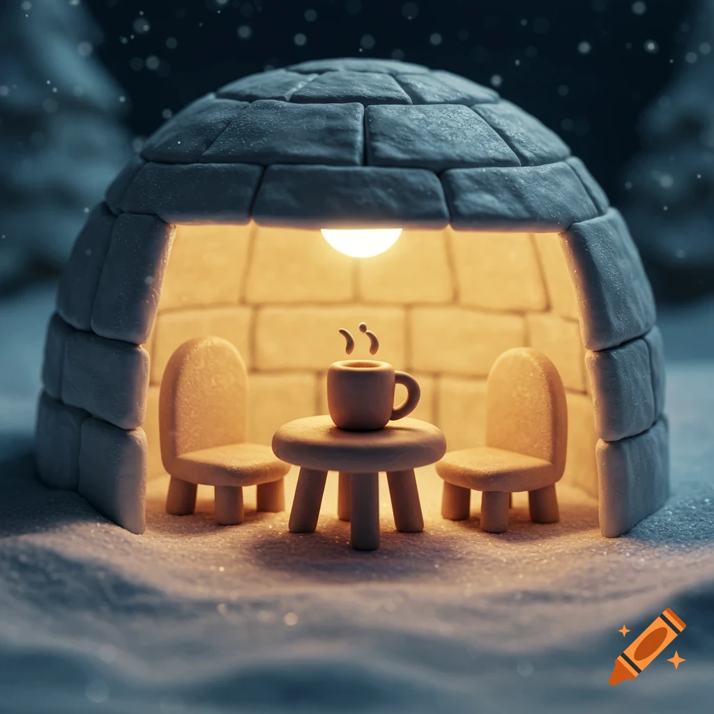 A miniature plasticine igloo interior with a light, table, chairs, and a steaming mug, set in a snowy landscape.