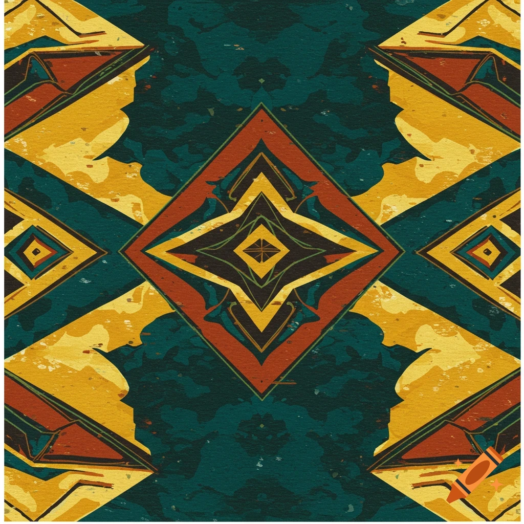 Abstract pattern in teal, orange-red, and yellow with geometric and organic shapes.