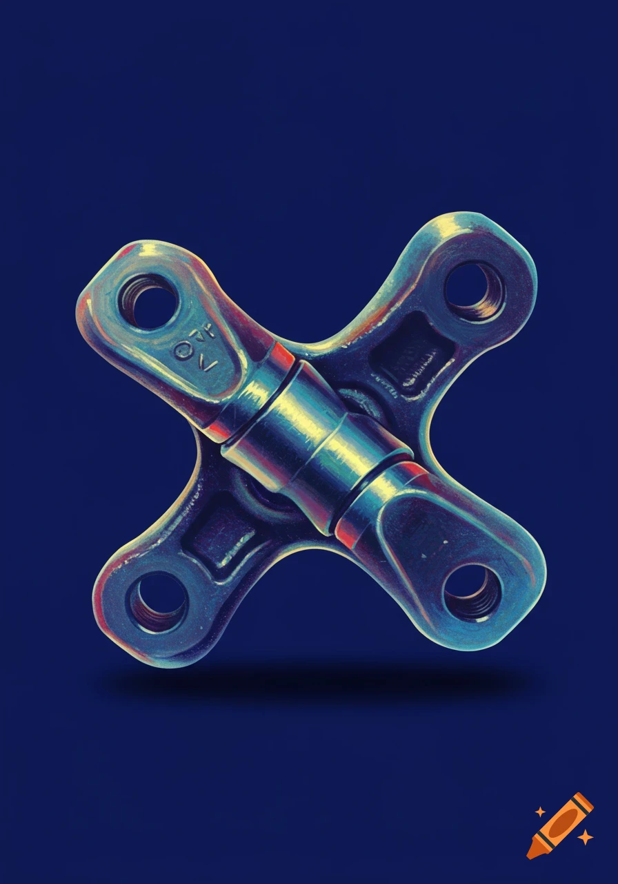 A stylized metal universal joint against a dark blue background.