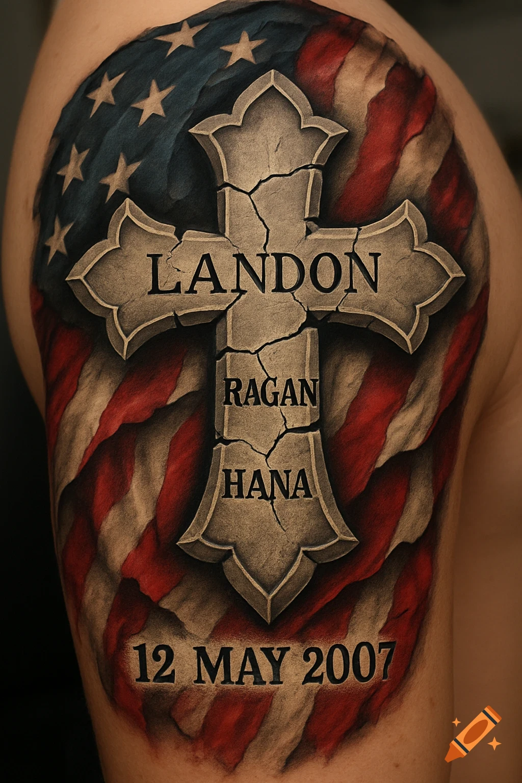 Photorealistic tattoo on an arm featuring a tattered American flag backdrop with a cracked stone cross inscribed with names and a date.