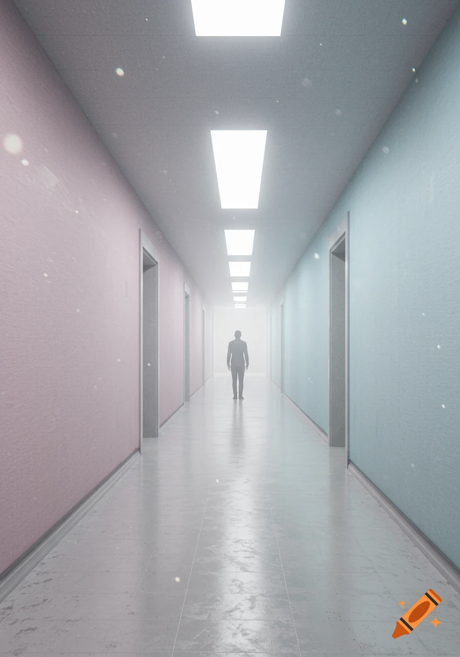 A lone figure walks down a long, brightly lit hallway with pink and blue walls, vanishing into a distant haze.