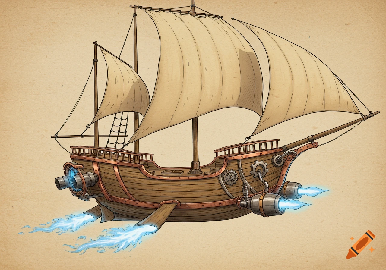 Hand-drawn steampunk fantasy ship with sails, copper banding, gears, and glowing blue jet engines on a sepia-toned parchment background.