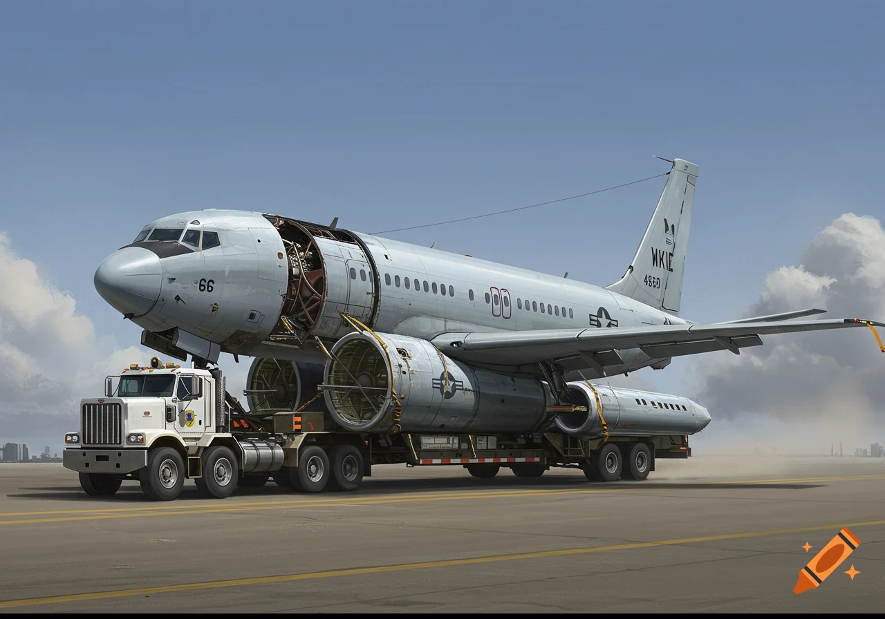A large gray aircraft fuselage with its wings removed is transported on a multi-wheeled flatbed truck across an airport runway.