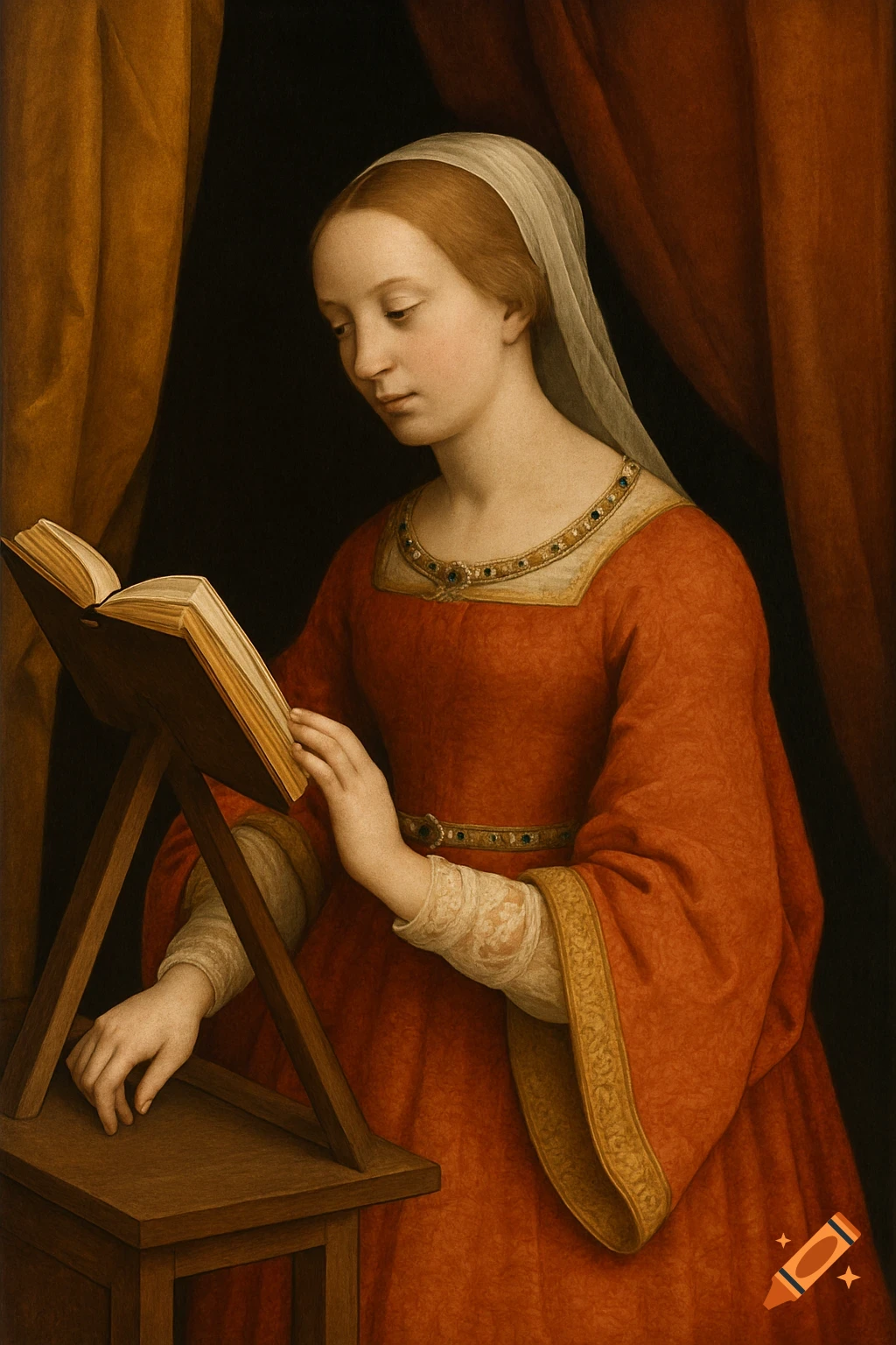 A woman in a red medieval dress and white veil reads a book on a wooden easel, in a classical oil painting.
