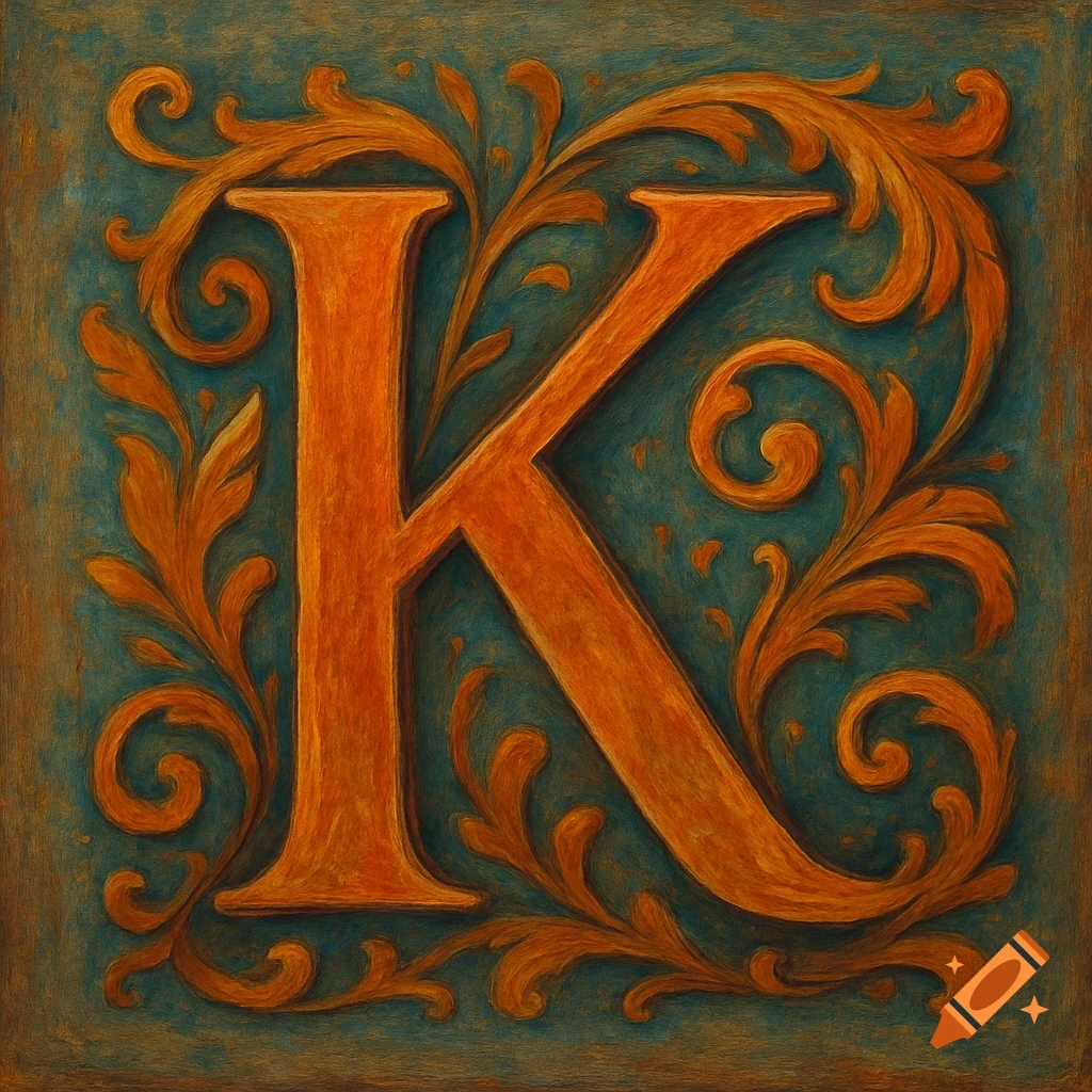 A decorative, ornate orange letter K with swirling gold and green floral patterns on a dark teal background, resembling an illuminated manuscript.