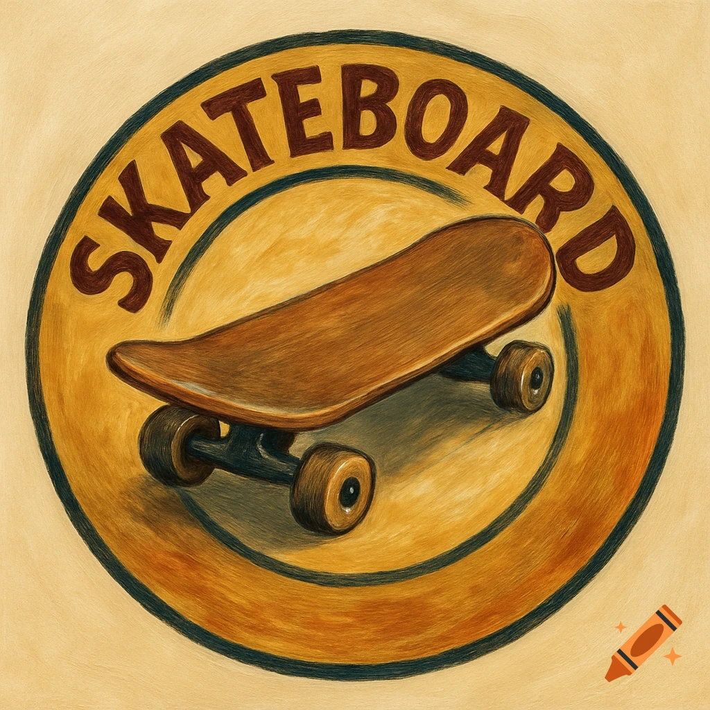 A textured, illustrative logo featuring a brown skateboard centered within a yellow circle, with the word 'SKATEBOARD' in brown text above it.