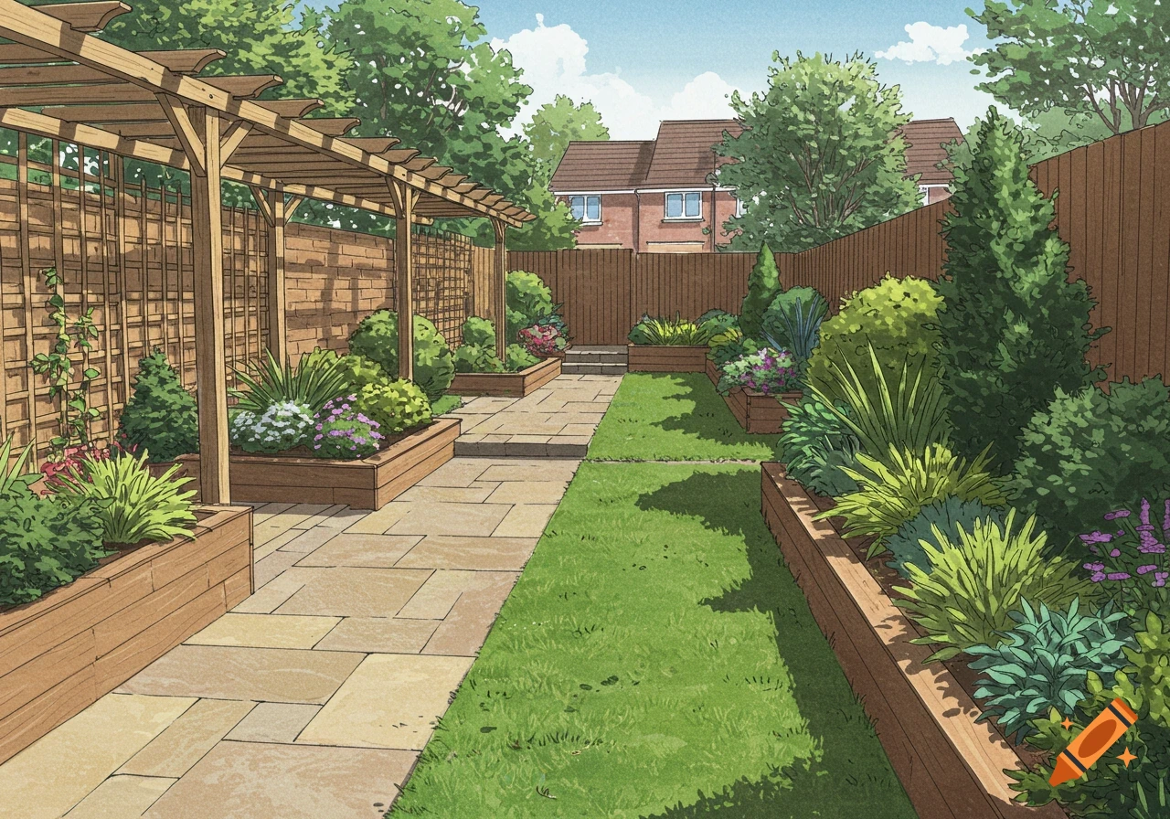 Illustration of a UK garden with a paved path, grass, raised beds with shrubs, and a wooden pergola. A house is in the background.