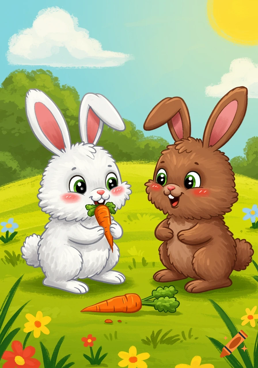 Two cute cartoon bunnies, one white holding a carrot, and one brown, in a sunny green field with flowers.