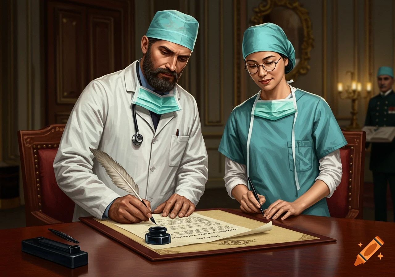 A male surgeon and female anaesthetist sign a document with a quill pen in a formal, detailed illustration.