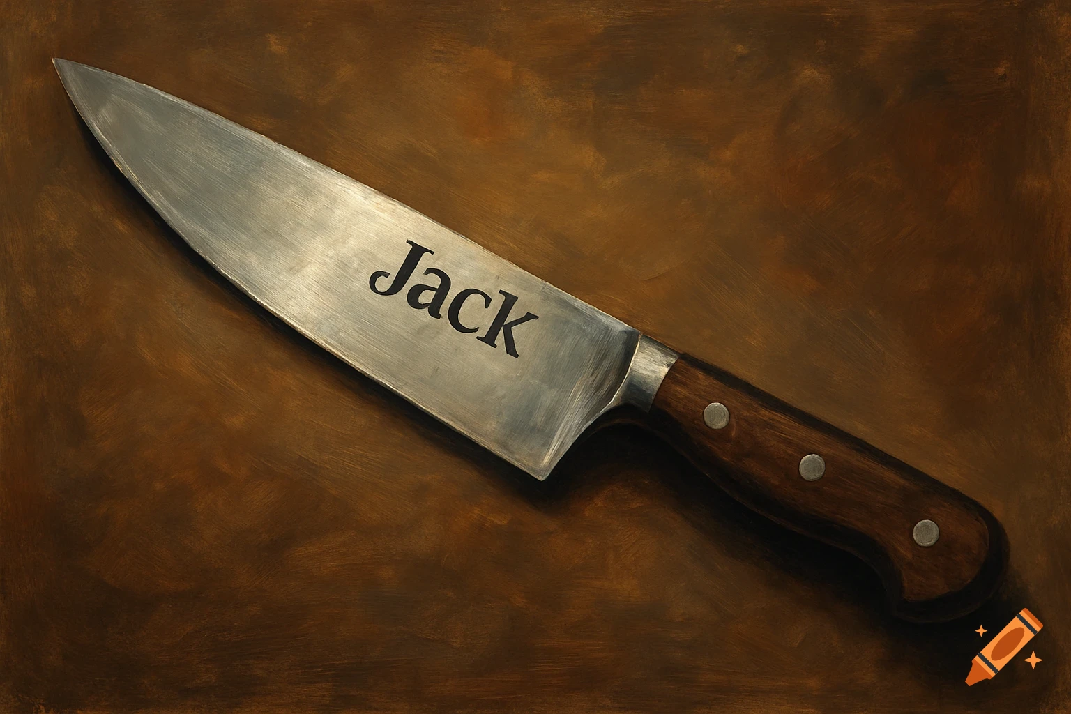 A chef knife with a dark wooden handle and a silver blade lies on a brown textured surface. The word "Jack" is etched into the blade.