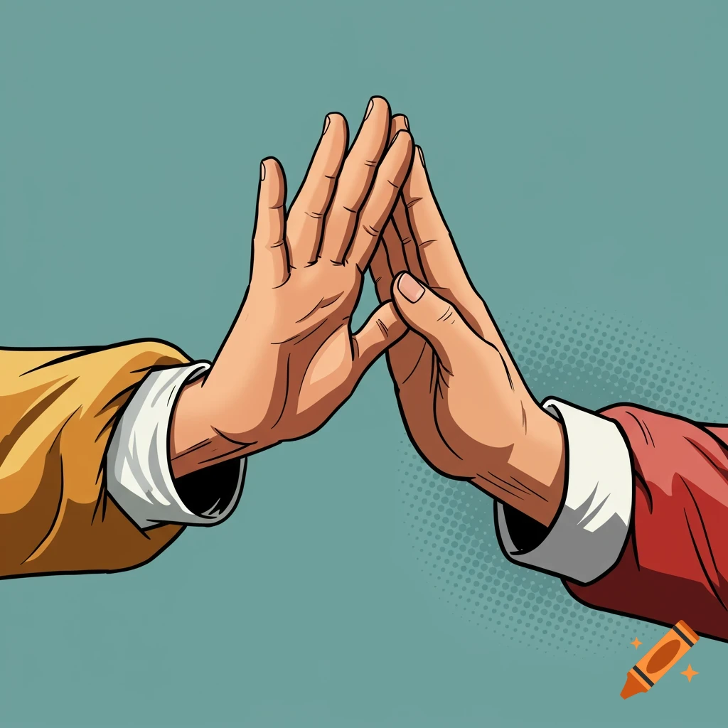 Two hands, one in a yellow sleeve and one in a red sleeve, coming together in a high-five gesture in a pop art style illustration.