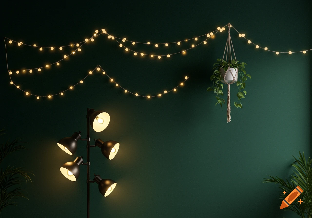 A dark green wall decorated with wavy string lights, a hanging macrame plant, and a black five-head floor lamp.