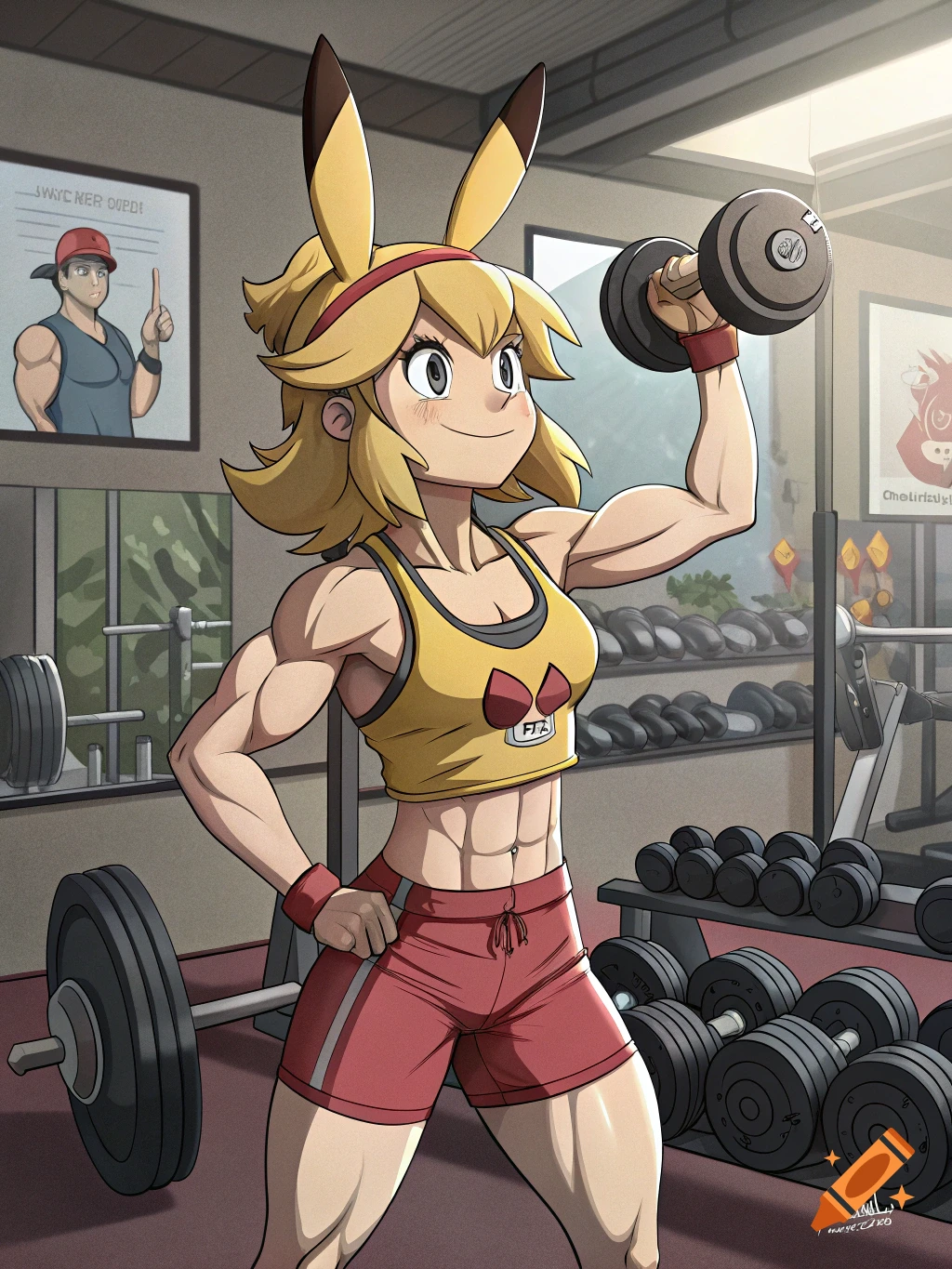 An anime-style character resembling Serena from Pokemon with blonde hair and Pikachu ears, wearing a yellow sports bra and red shorts, flexing her bicep with a dumbbell in a gym.