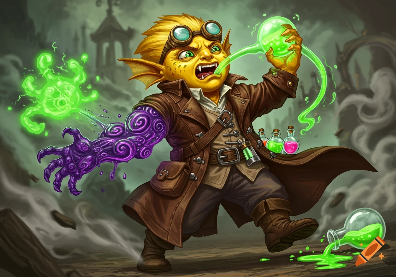 A yellow-skinned goblin alchemist in a brown coat and goggles drinks a glowing green potion, his arm mutating purple. Green liquid spills from a broken bottle at his feet, in a semi-realistic fantasy style.