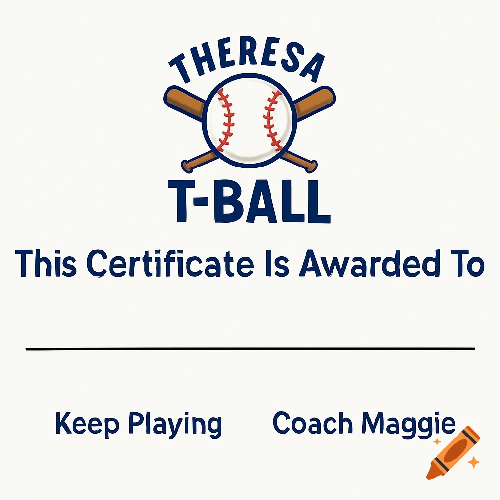 A T-ball certificate with 'THERESA T-BALL' logo, 'This Certificate Is Awarded To' with a line, and 'Keep Playing Coach Maggie'.