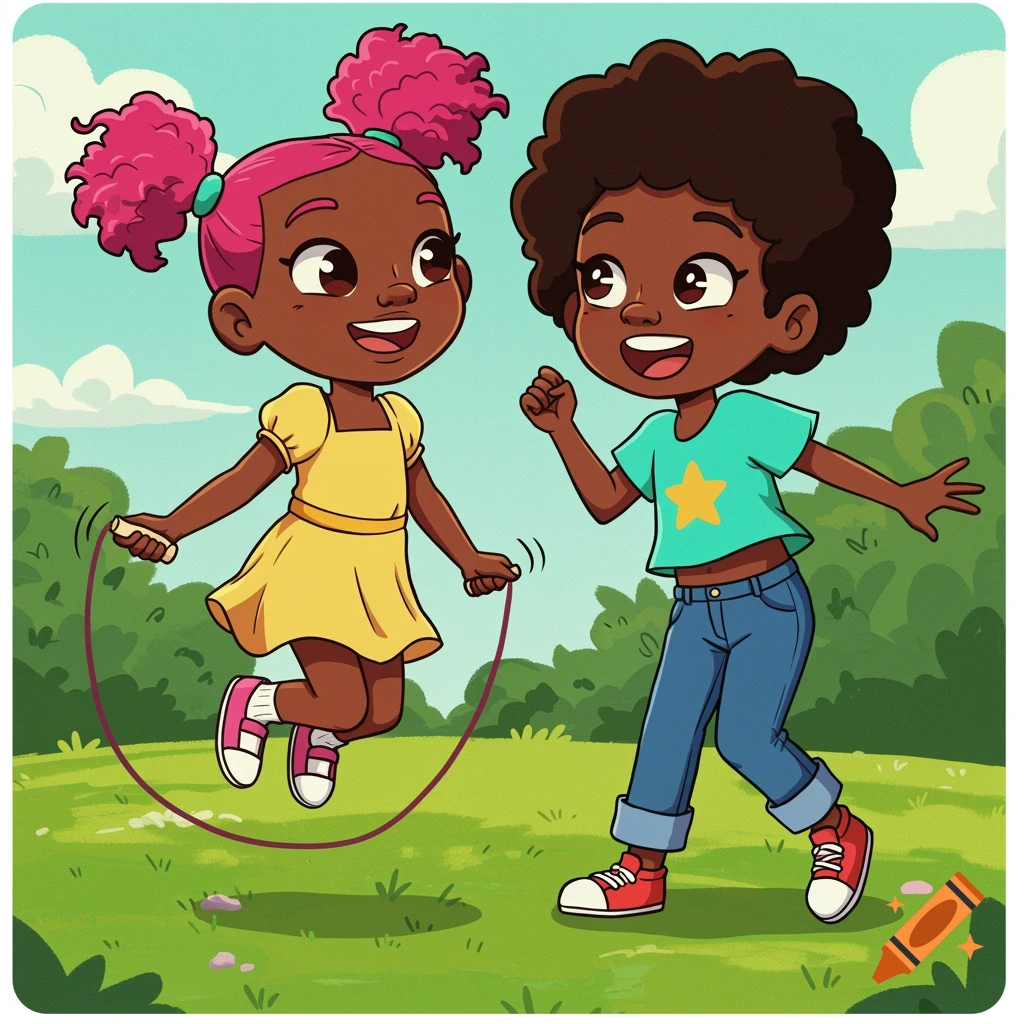 Two smiling cartoon black girls playing in a park, one jumping rope while the other watches.