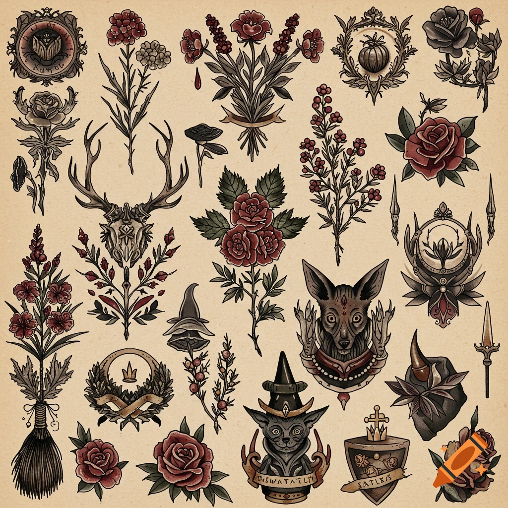 A flash sheet with various traditional tattoo designs including botanical elements, a deer skull, a cat in a witch hat, and other medieval and dark motifs on a beige background.