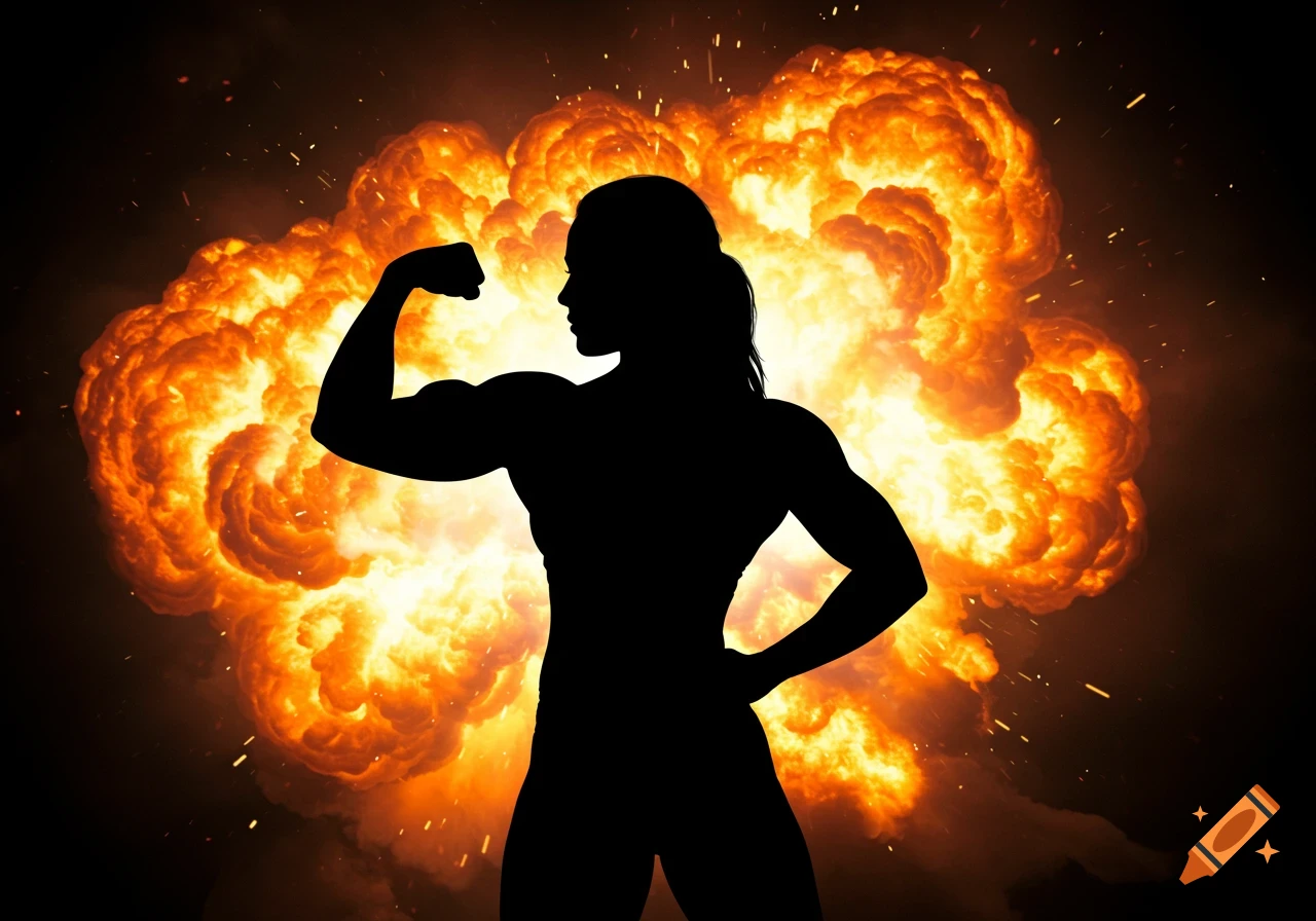 Silhouette of a woman flexing with a huge explosion in the background.