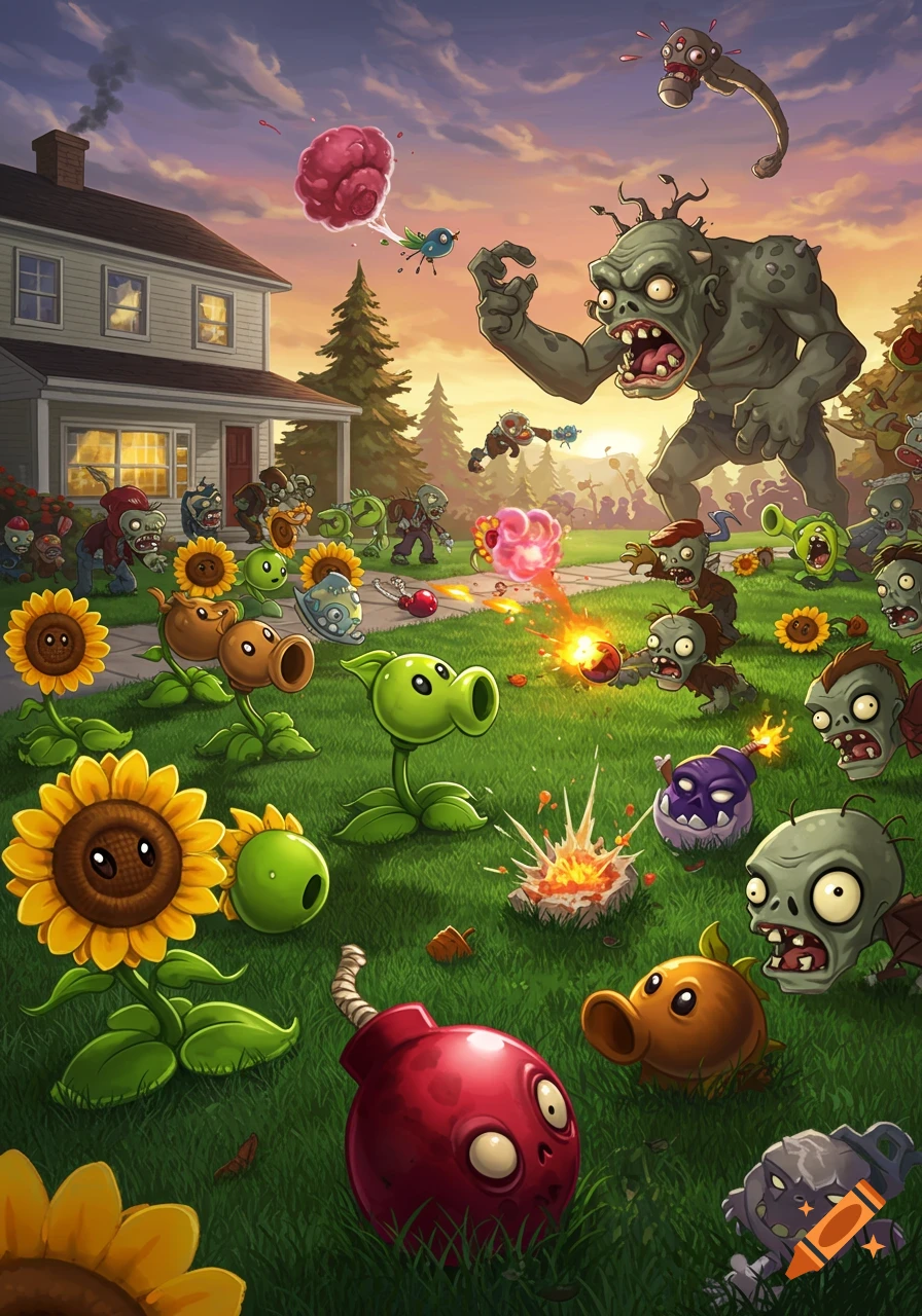 A vibrant, cartoon-style illustration of various plants battling an army of zombies and a giant monster zombie in a suburban front yard.