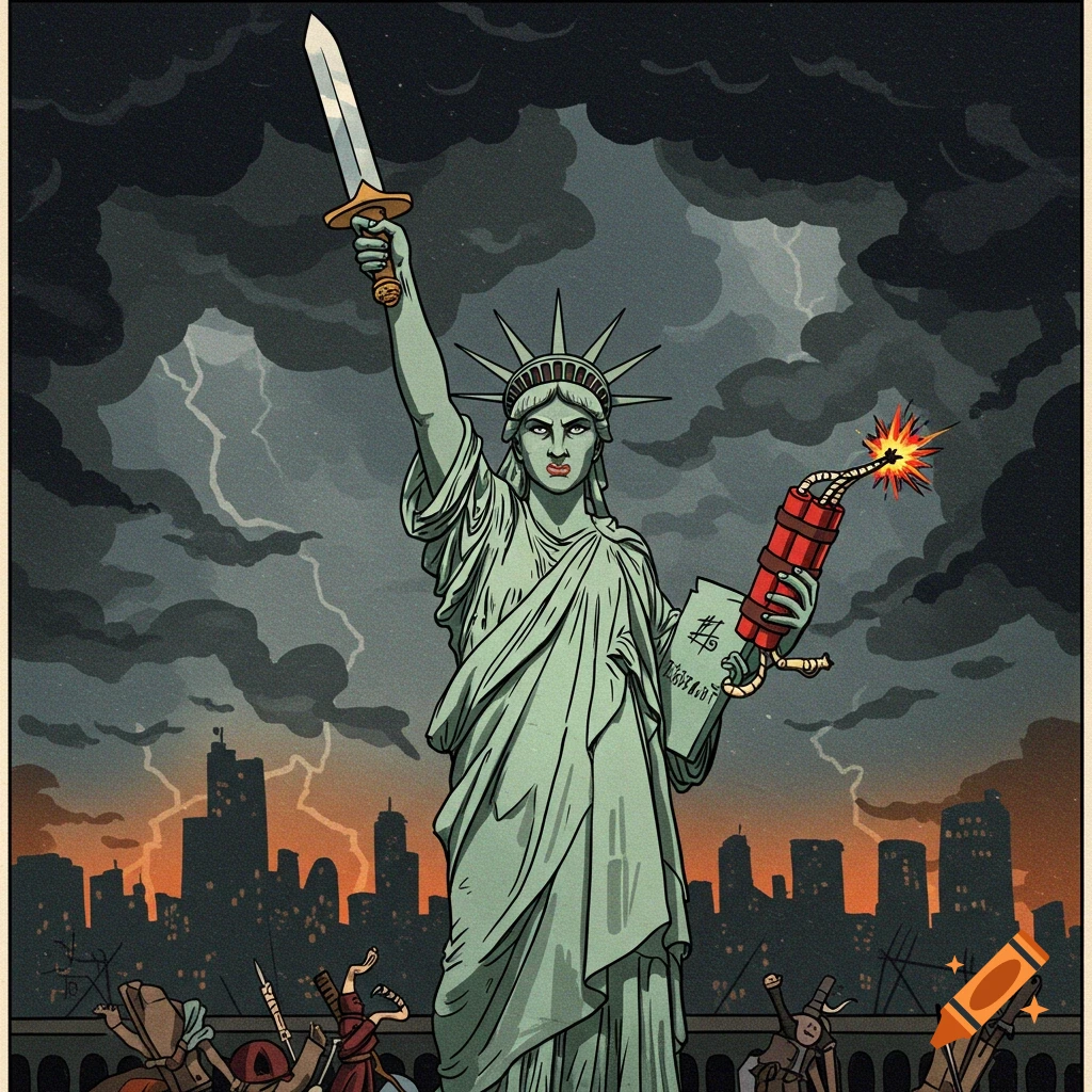 Stylized illustration of the Statue of Liberty holding a sword in one hand and a lit stick of dynamite in the other, with a stormy city skyline in the background.