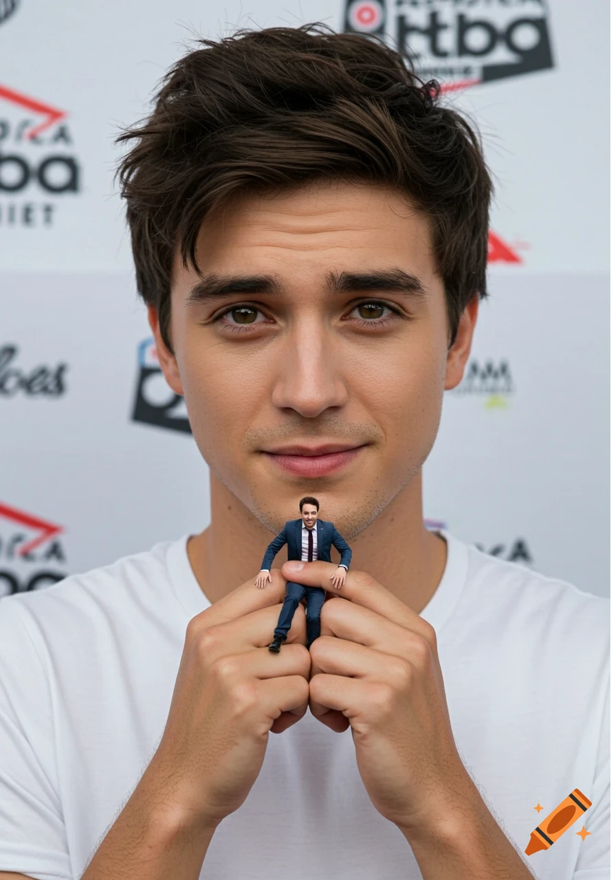 A photorealistic image of a man in a white t-shirt holding a tiny man in a suit on his hands.