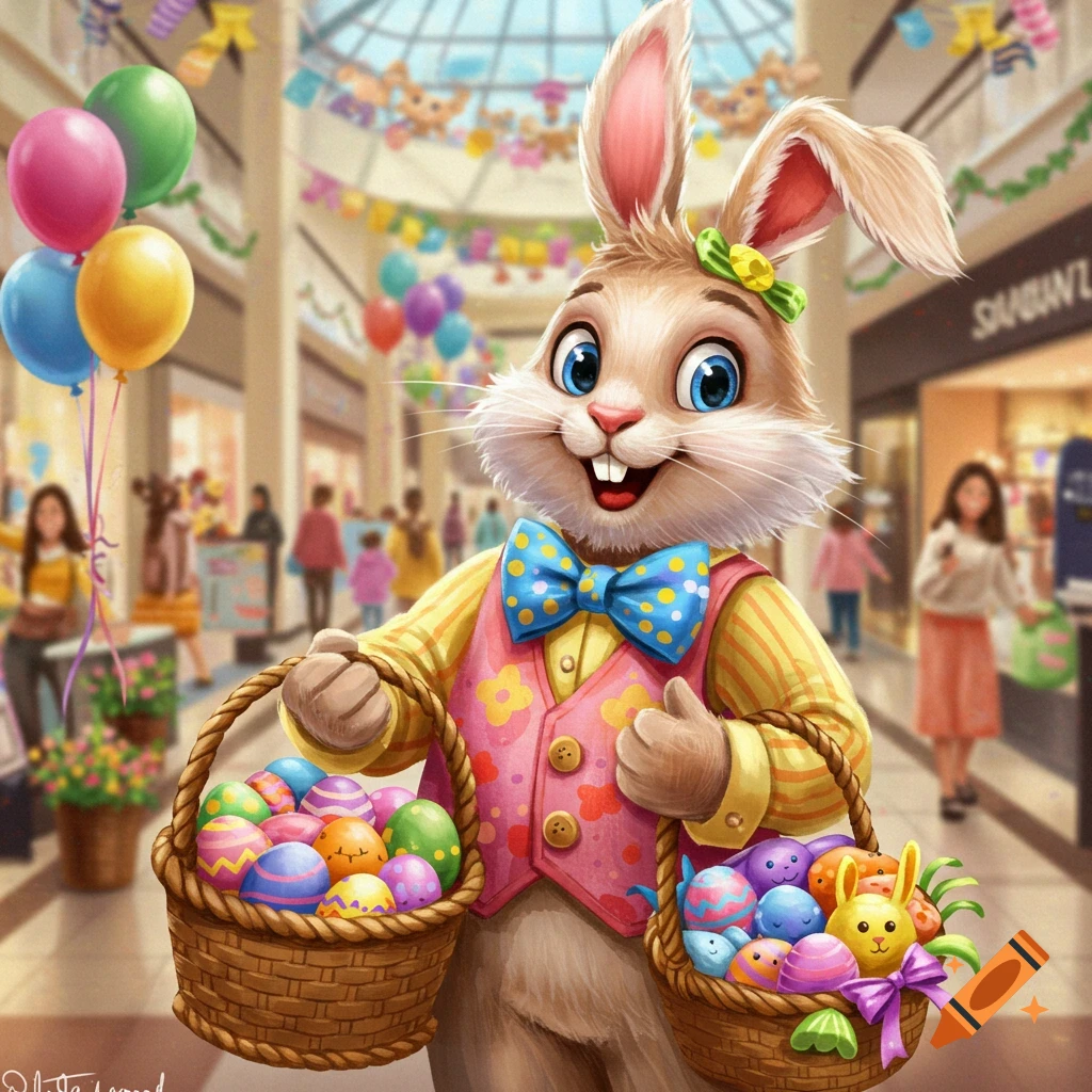 A cheerful anthropomorphic Easter bunny wearing a vest and bow tie holds two baskets overflowing with colorful decorated Easter eggs, standing in a busy shopping mall with balloons.
