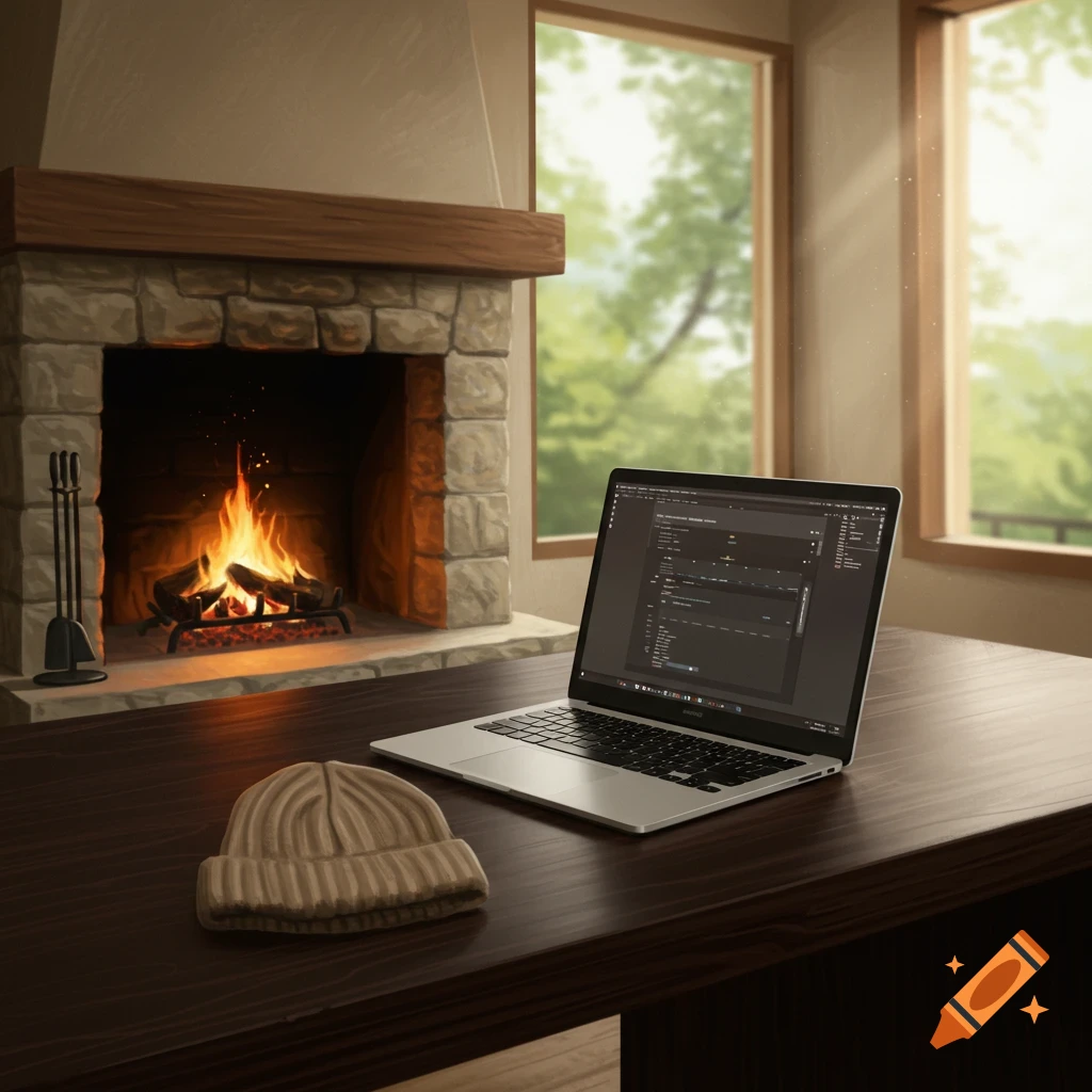 A cozy home office with a wooden desk, a laptop, and a woolen beanie, with a stone fireplace burning in the background.