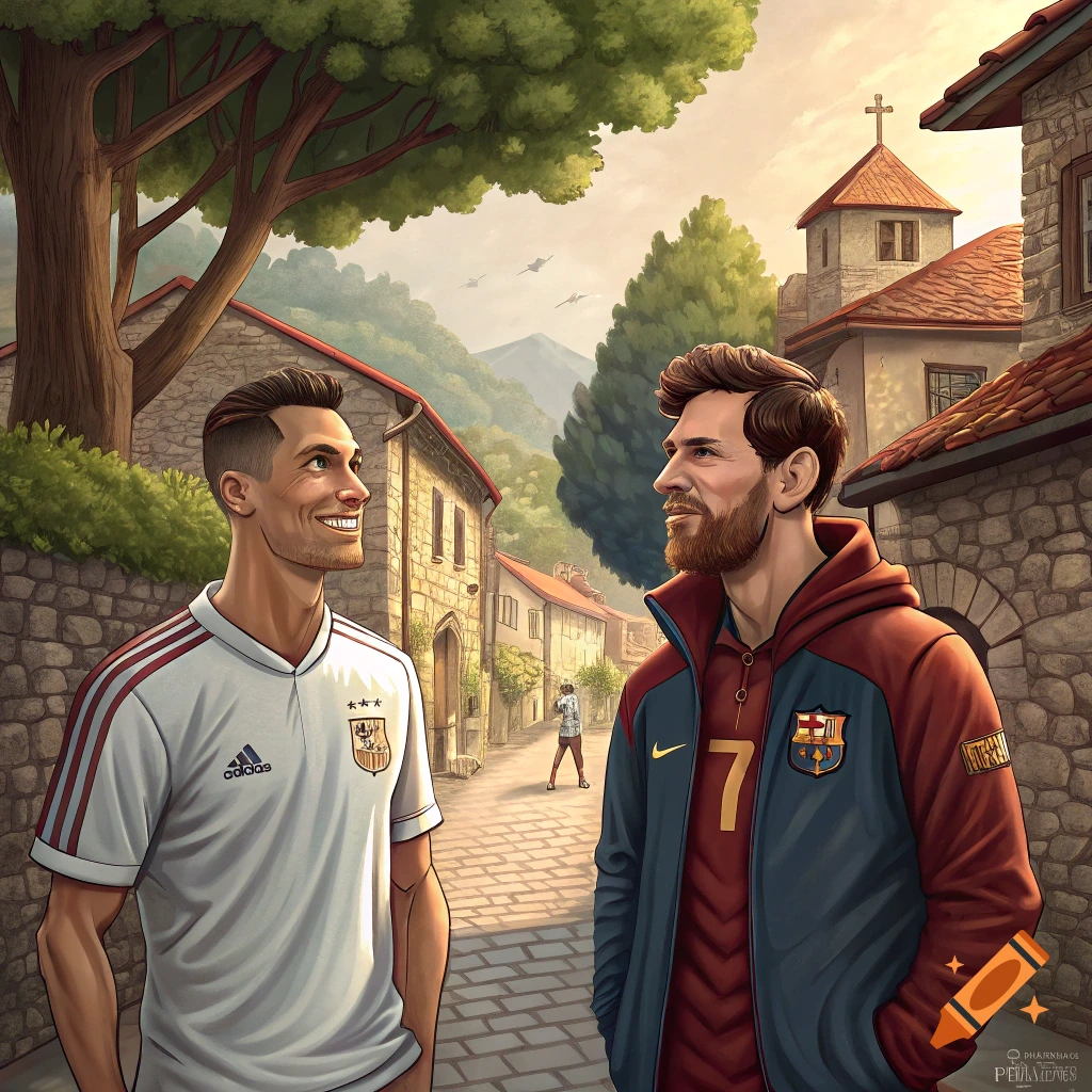 An illustration of soccer players Cristiano Ronaldo and Lionel Messi standing and smiling at each other in a sunny, stylized village street.