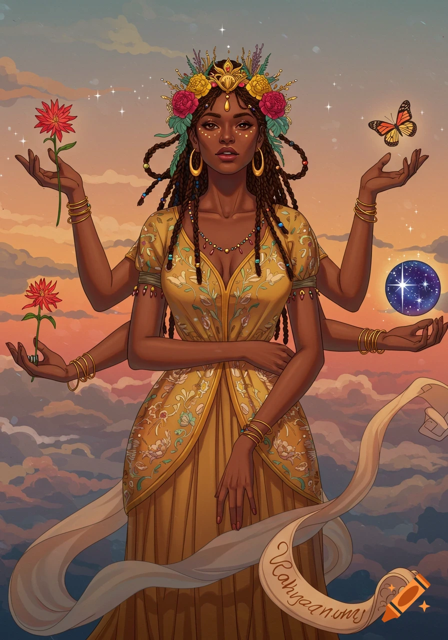 A dark-skinned, multi-armed goddess in a golden dress and floral crown, holding a red flower and a butterfly, with a cosmic orb and sparkling sky in the background, digital art.