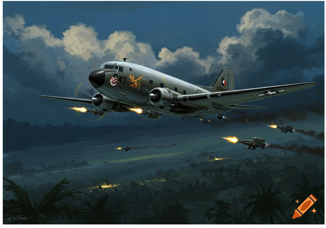 An AC-47 gunship fires over a jungle landscape at night in a stylized illustration.